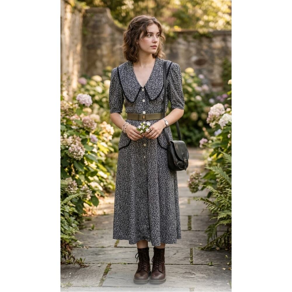 VTG 90s E.D. Michaels NWT Rayon Floral Midi Dress Oversized Collar Whimsigoth 14